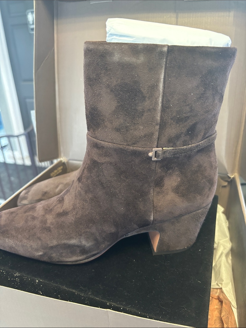 Franco Sarto Dark Brown Suede Ankle Booties with Side Zip - Picture 6 of 8